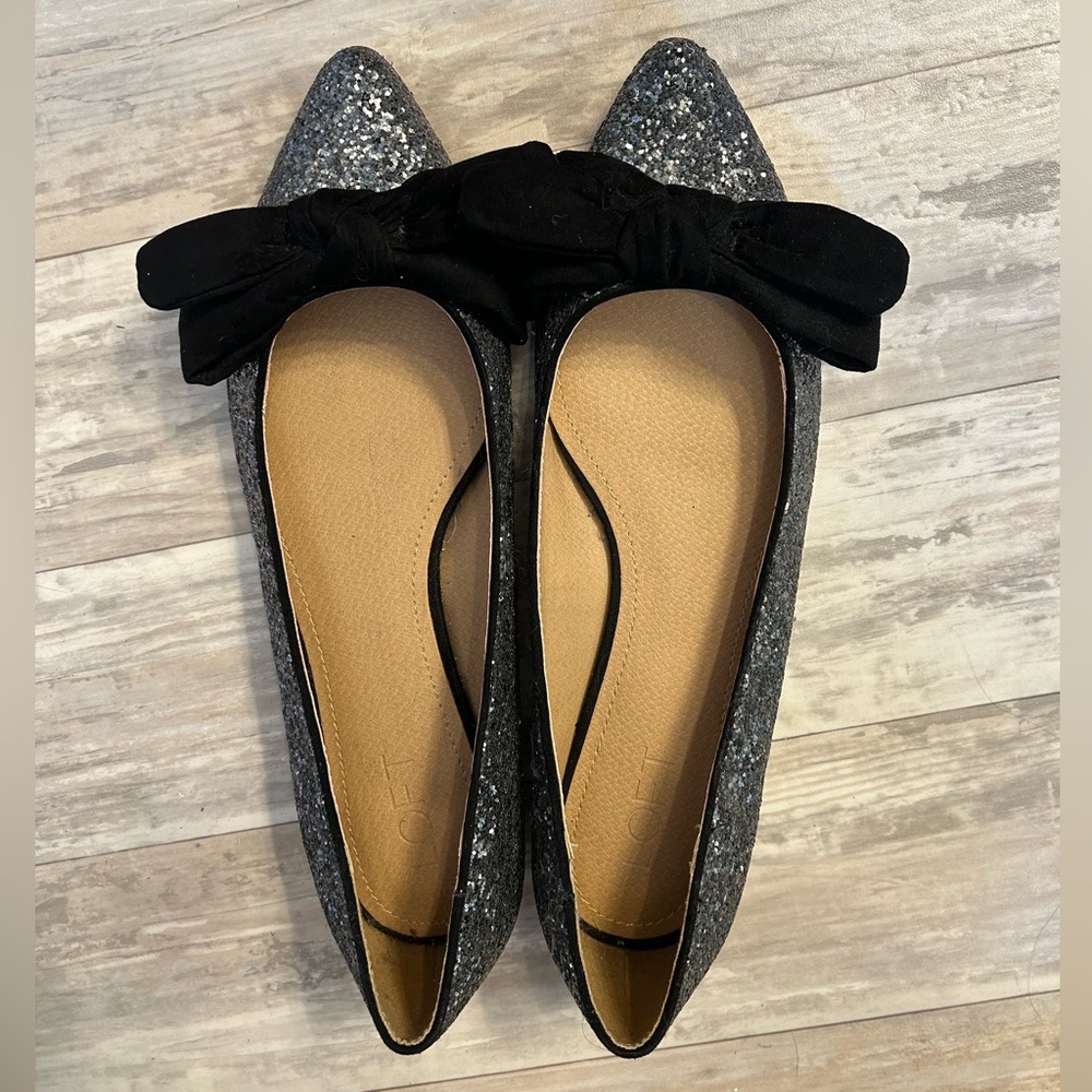 LOFT Silver Glitter Sparkle Flats with Black Velvet Bows - Picture 7 of 9
